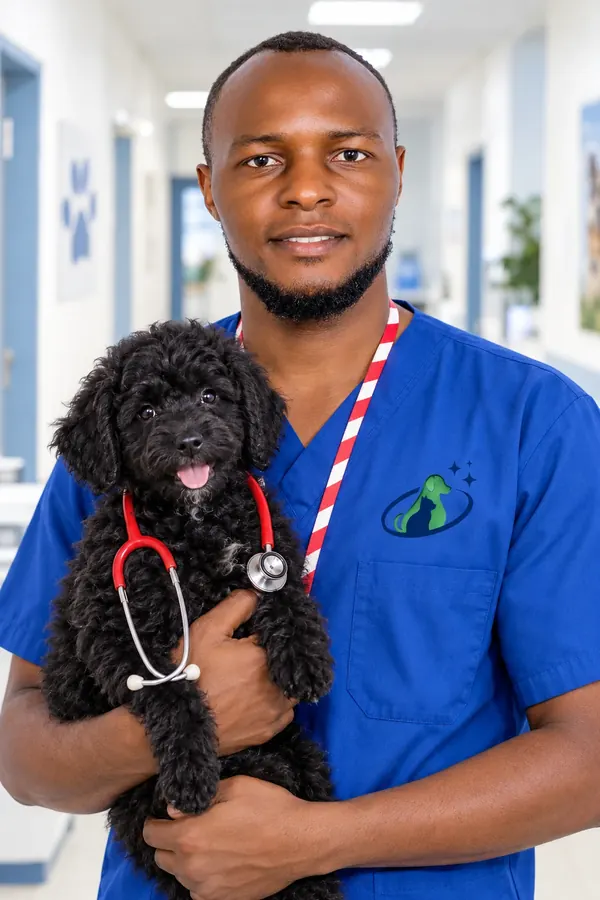 Dr Valens Tuyisenge, Pet Planet's vet, holding a black puppy at the clinic